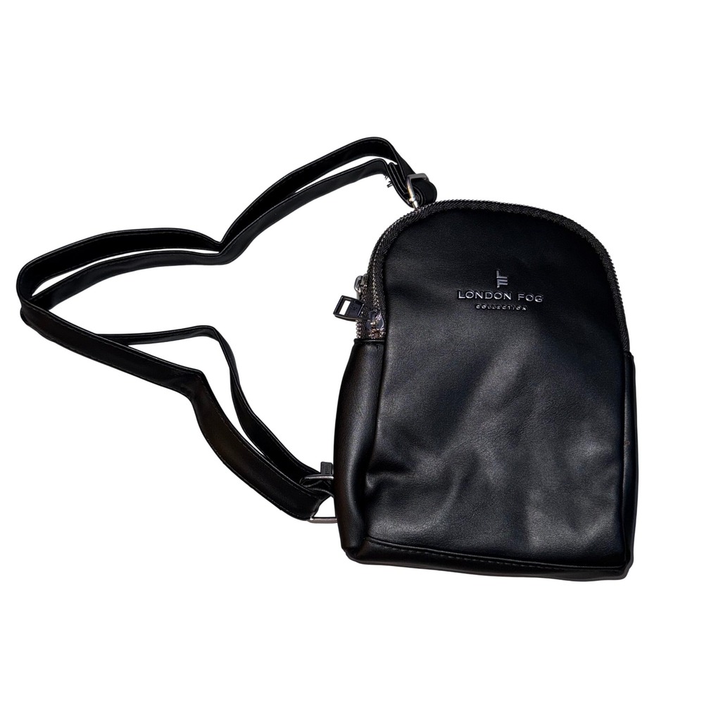 London Fog 100th Anniversary Black Faux Leather Sling Crossbody Bag Silver Zip